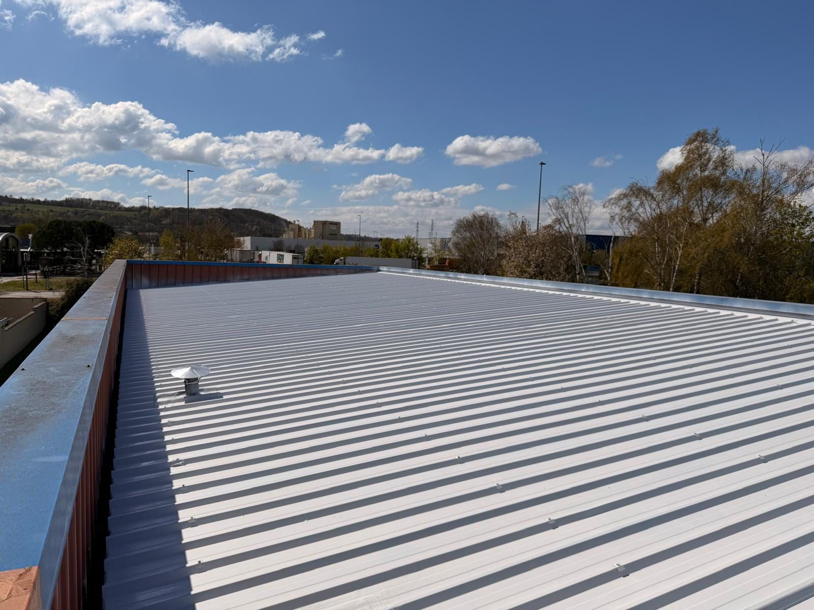 Treated steel deck roof, trees and industrial buildings in the background