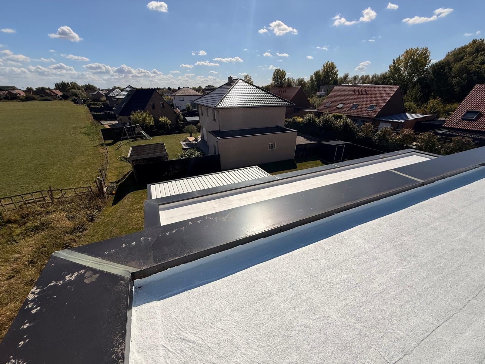 Treated flat roof with rooflight, neighbouring houses in the background