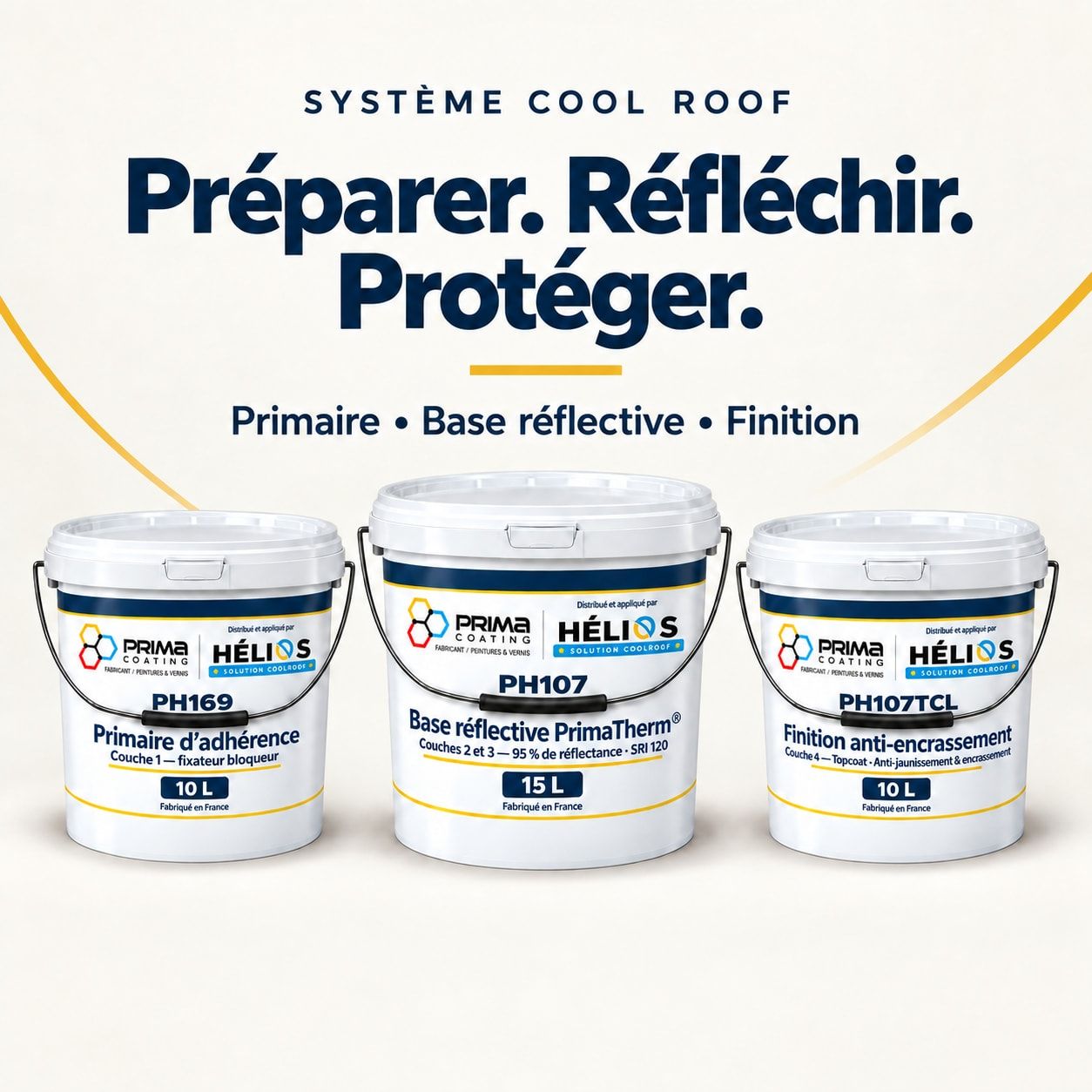 Pack peinture cool roof PrimaTherm® : primaire PH169, base réflective PH107 et finition PH107TCL, les trois seaux du système 4 couches