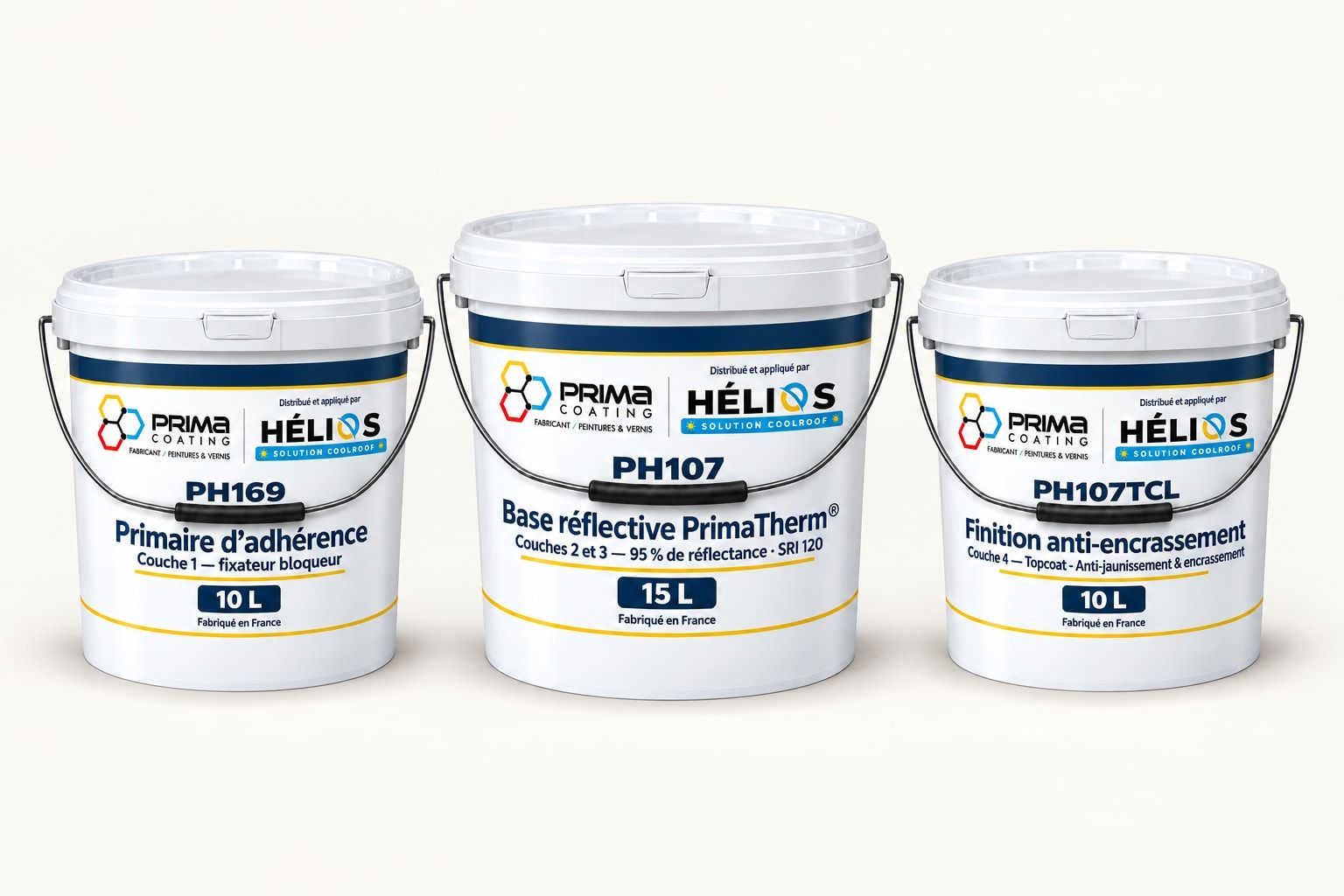 Les trois seaux PrimaTherm® : primaire PH169 10 L, base réflective PH107 15 L, finition anti-encrassement PH107TCL 10 L