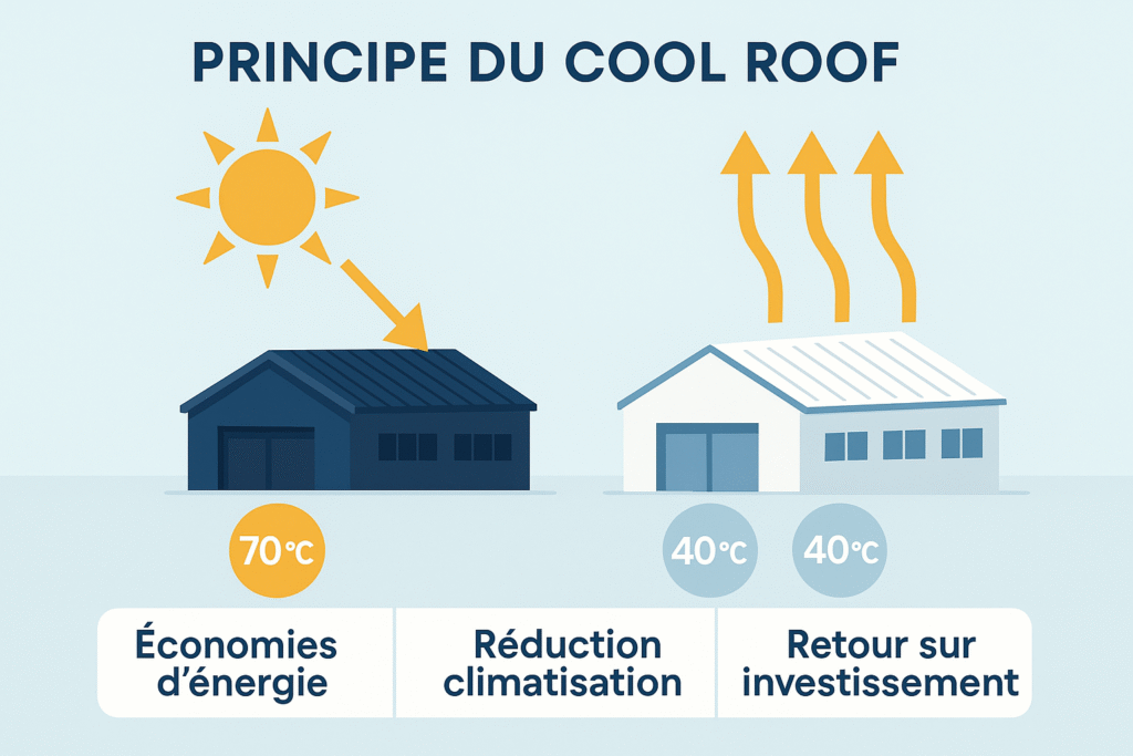 infographie applications du Cool Roof Hélios secteurs industrie tertiaire logistique collectivités résidentiel